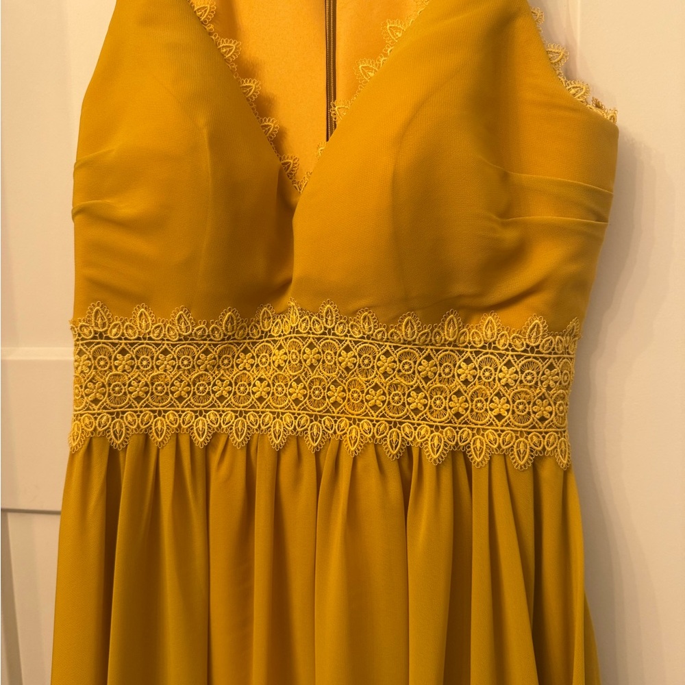 Elegant Mustard Lace Trim Dress